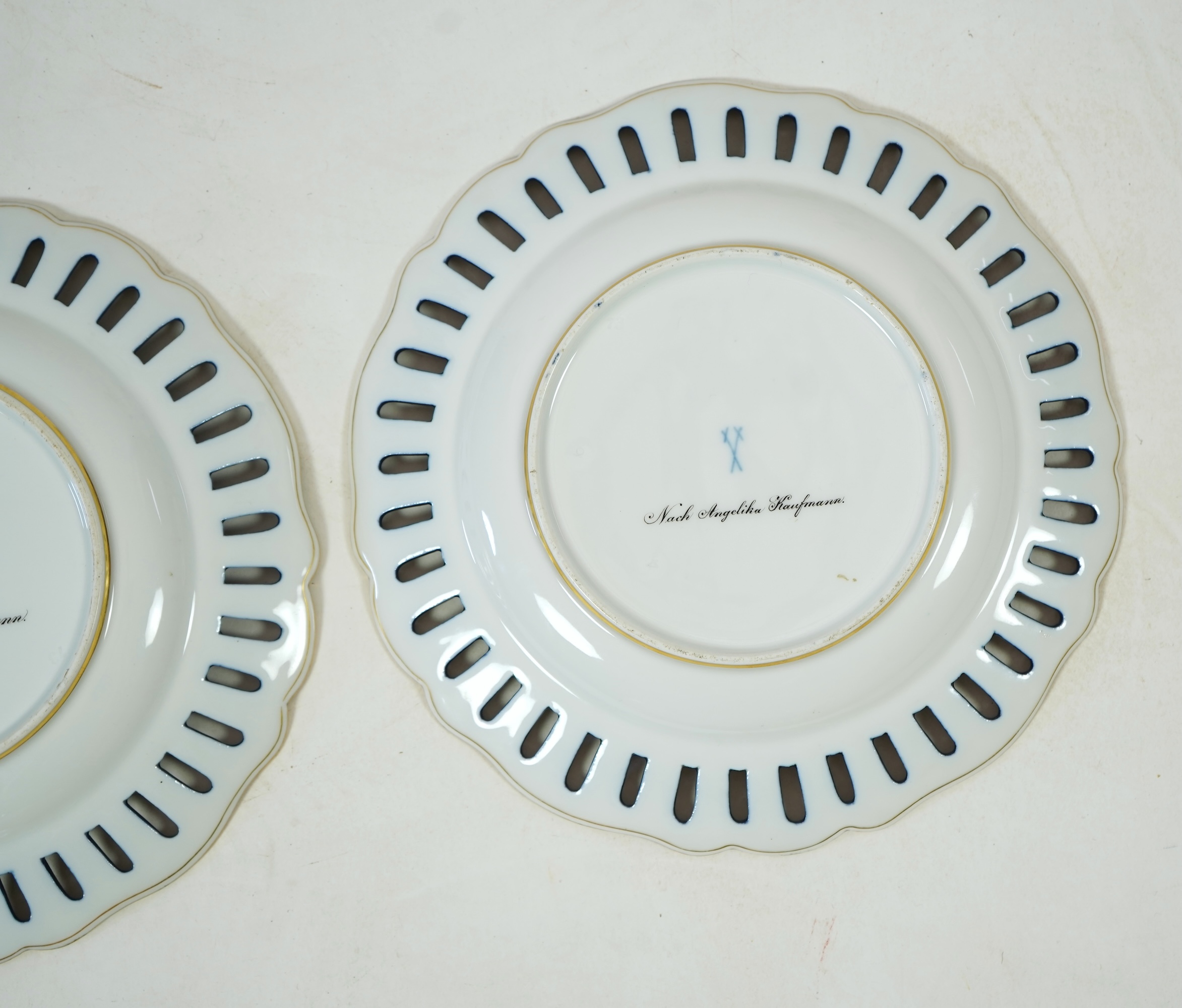 AMENDMENT - A near pair of 19th century Meissen 'Three Graces' cabinet plates, after Angelica Kaufmann